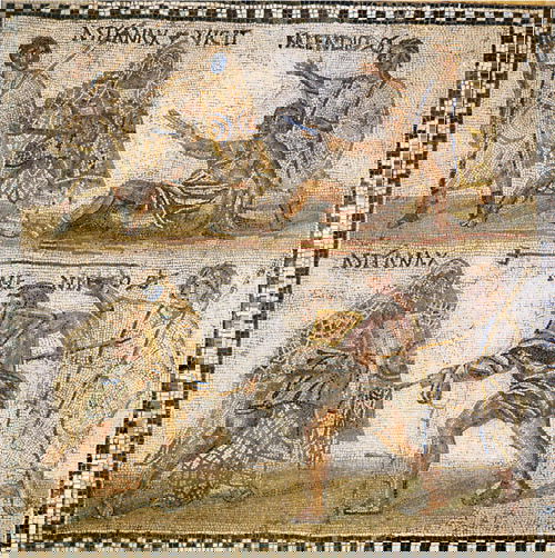 Mosaic at the National Archaeological Museum in Madrid showing a retiarius (net-fighter) named Kalendio fighting a secutor named Astyanax Mosaic at the National Archaeological Museum in Madrid showing a retiarius (net-fighter) named Kalendio fighting a secutor named Astyanax