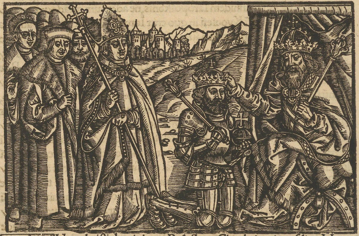 Otto III placing a diadem on Bolesław’s head, Chronica Polonorum, 1519. National Library of Poland. Public Domain. Otto III placing a diadem on Bolesław’s head, Chronica Polonorum, 1519. National Library of Poland. Public Domain.