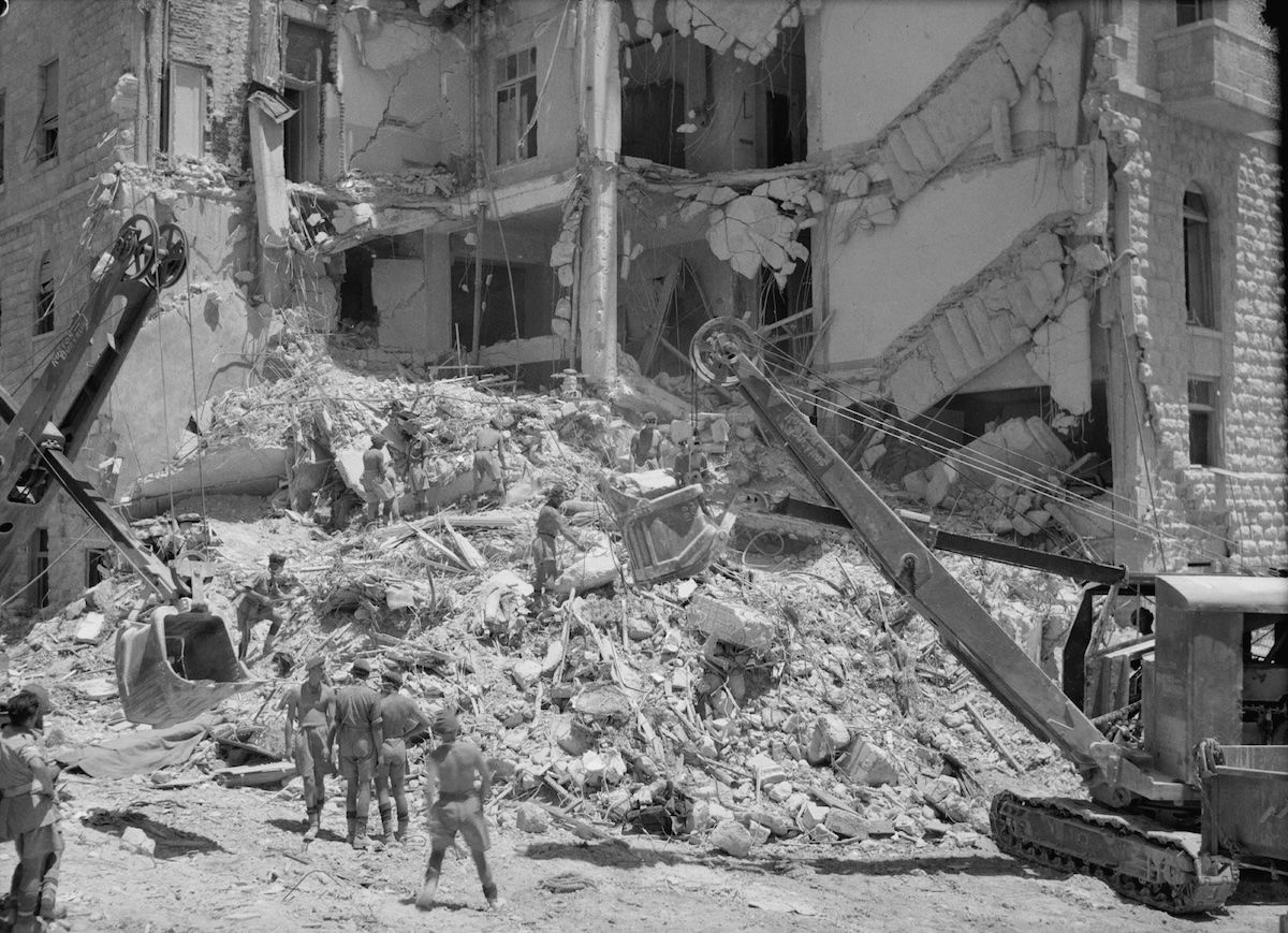 Engineers clear the debris of the King David Hotel, 22 July 1946. Library of Congress, G. Eric and Edith Matson Photograph Collection. Public Domain. Engineers clear the debris of the King David Hotel, 22 July 1946. Library of Congress, G. Eric and Edith Matson Photograph Collection. Public Domain.