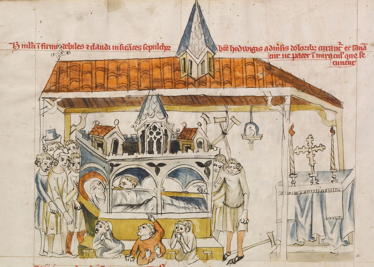 The sick, the leprous, and the lame praying at Saint Hedwig's tomb, from the Vita beatae Hedwigis, 1353. The J. Paul Getty Museum, Los Angeles, Ms. Ludwig XI 7, fol. 87v, 83.MN.126.87v. Public Domain. The sick, the leprous, and the lame praying at Saint Hedwig's tomb, from the Vita beatae Hedwigis, 1353. The J. Paul Getty Museum, Los Angeles, Ms. Ludwig XI 7, fol. 87v, 83.MN.126.87v. Public Domain.