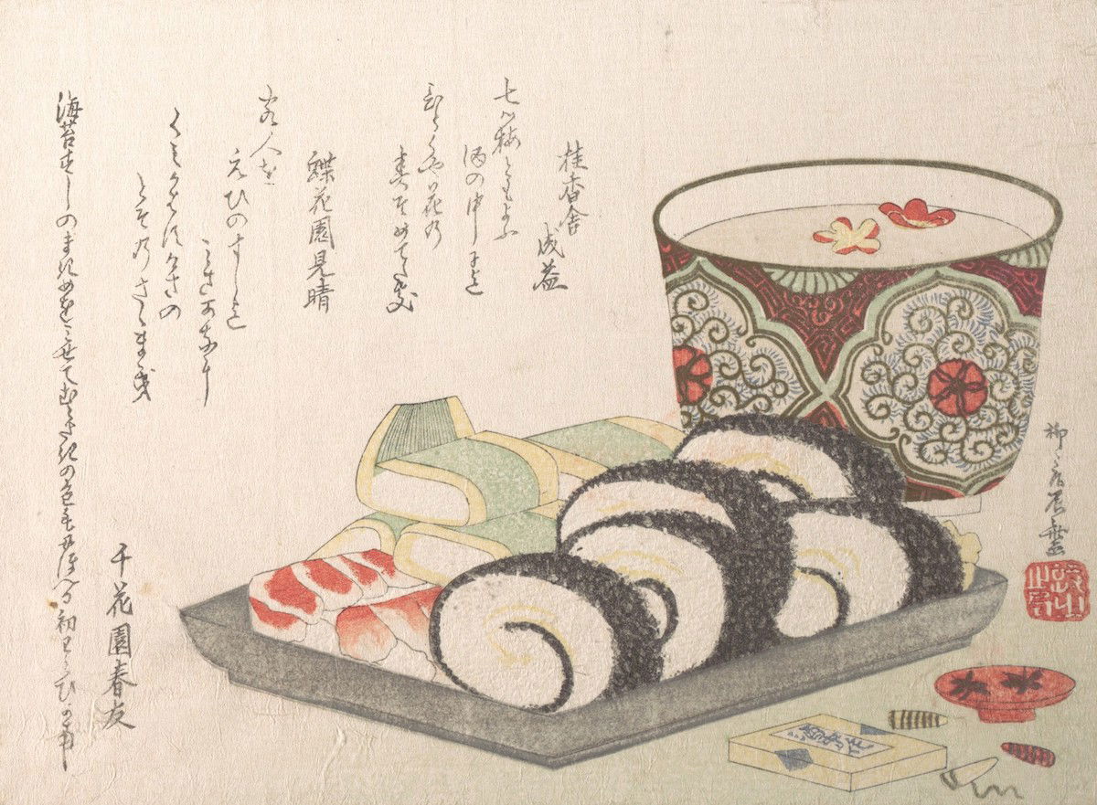 Sushi and New Year’s sake, woodblock print by Ryūryūkyo Shinsai, c. 1810. Metropolitan Museum of Art. Public Domain. Sushi and New Year’s sake, woodblock print by Ryūryūkyo Shinsai, c. 1810. Metropolitan Museum of Art. Public Domain.