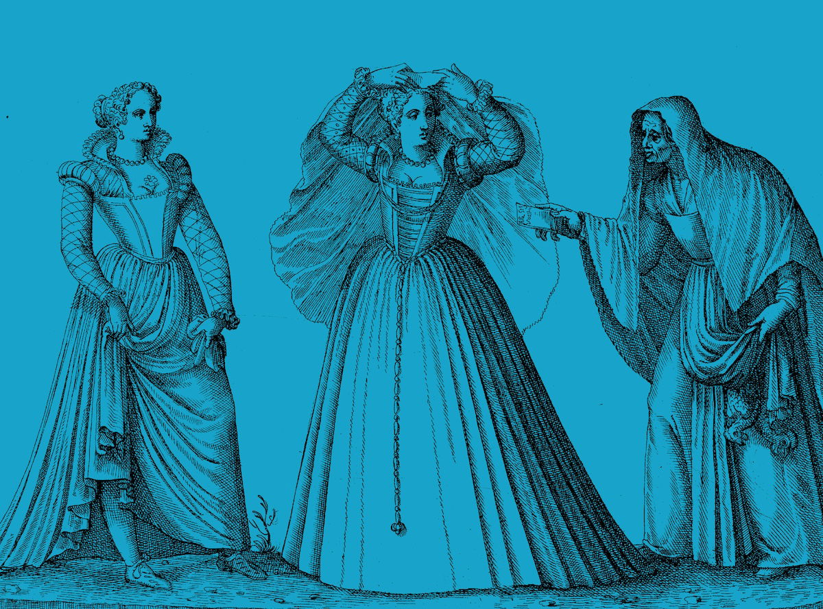 Two prostitutes and a procurer, engraving by Bartolomeo Grassi, from Veri Ritratti, 1585. Rijksmuseum. Public Domain. Two prostitutes and a procurer, engraving by Bartolomeo Grassi, from Veri Ritratti, 1585. Rijksmuseum. Public Domain.
