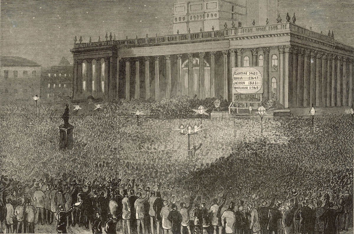 Declaration of the result of the 1880 general election poll at Leeds Town Hall, in which Gladstone’s Liberals have a majority, illustration for The Graphic, 10 April 1880. Look and Learn / Illustrated Papers Collection / Bridgeman Images. Declaration of the result of the 1880 general election poll at Leeds Town Hall, in which Gladstone’s Liberals have a majority, illustration for The Graphic, 10 April 1880. Look and Learn / Illustrated Papers Collection / Bridgeman Images.