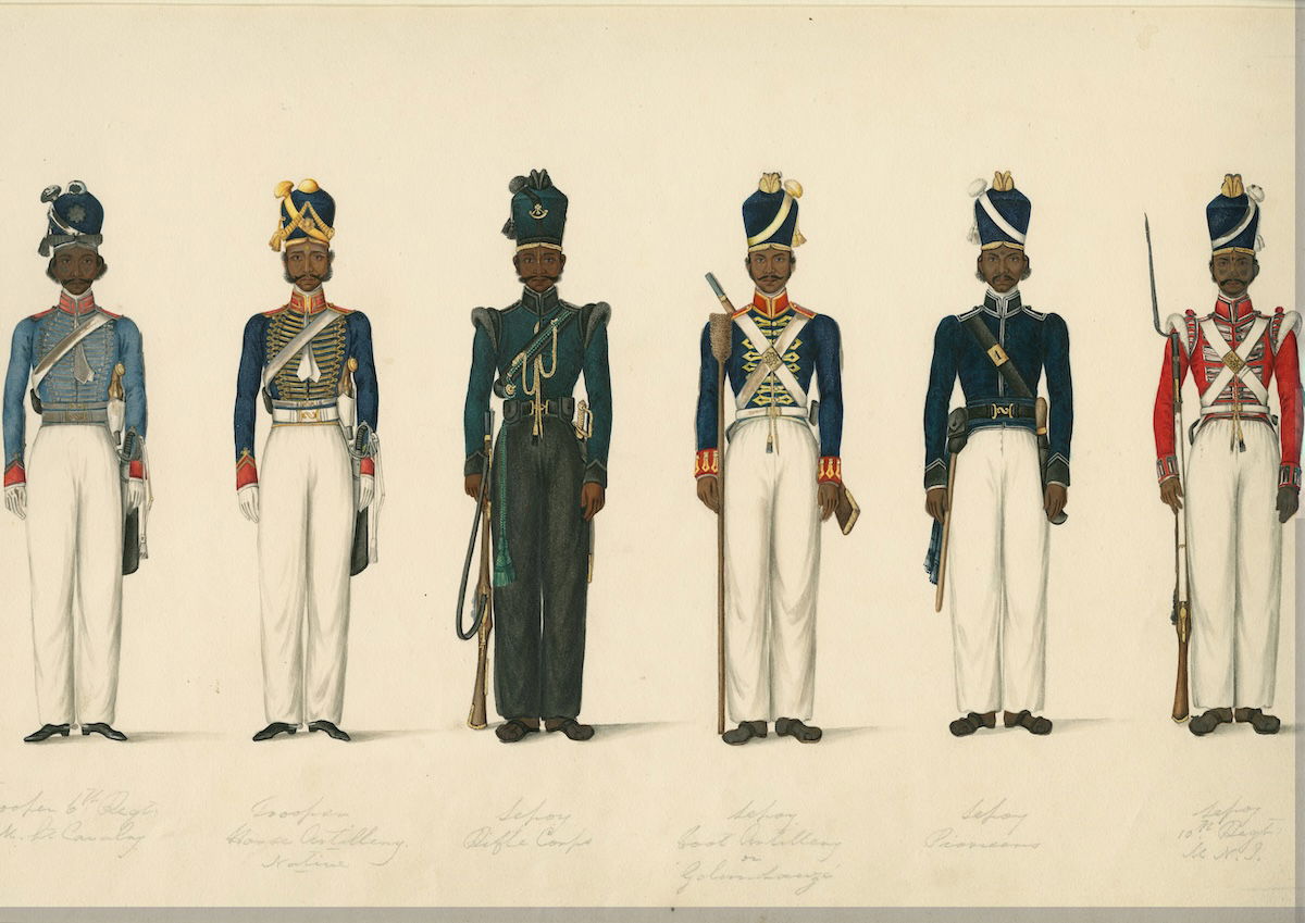 A watercolour of uniforms worn by sepoys of the Madras army of the British East India Company, c. 1825. Prints, Drawings and Watercolors from the Anne S.K. Brown Military Collection. Brown Digital Repository. Brown University Library. Public Domain. A watercolour of uniforms worn by sepoys of the Madras army of the British East India Company, c. 1825. Prints, Drawings and Watercolors from the Anne S.K. Brown Military Collection. Brown Digital Repository. Brown University Library. Public Domain.