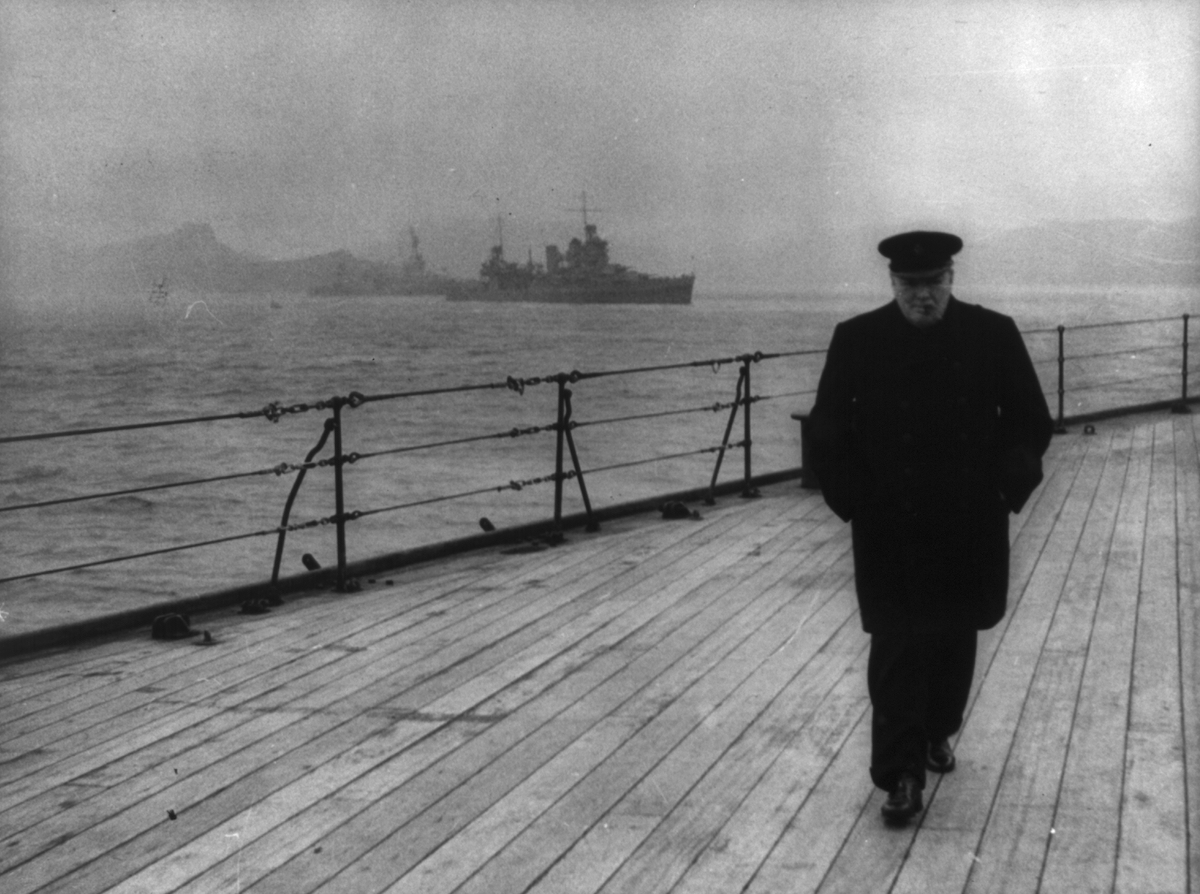 Prime minister Winston Churchill walks the deck of HMS Prince of Wales during the Atlantic Conference, 1941. Library of Congress. Public Domain. Prime minister Winston Churchill walks the deck of HMS Prince of Wales during the Atlantic Conference, 1941. Library of Congress. Public Domain.